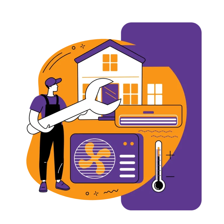 Illustratie: monteur met moersleutel bij een woning met warmtepomp